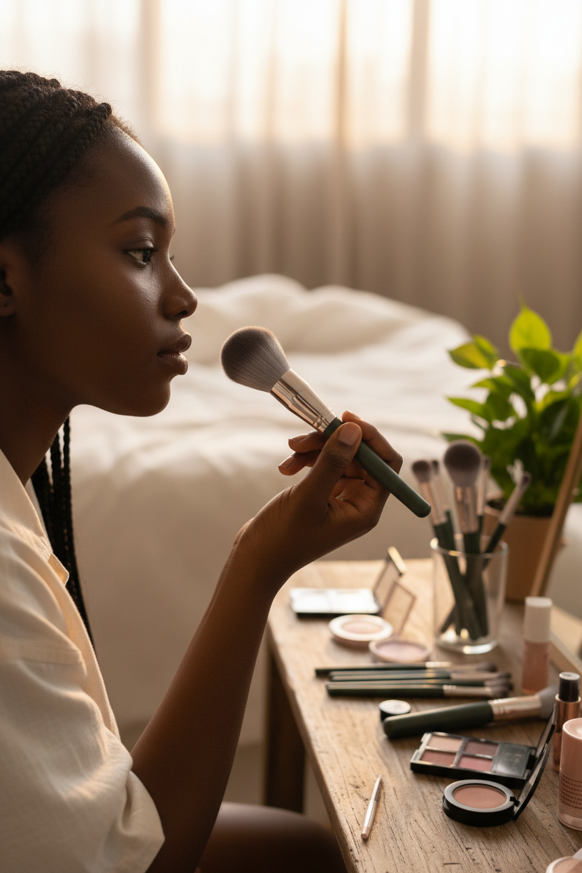 Black African Woman side profile with green brushes