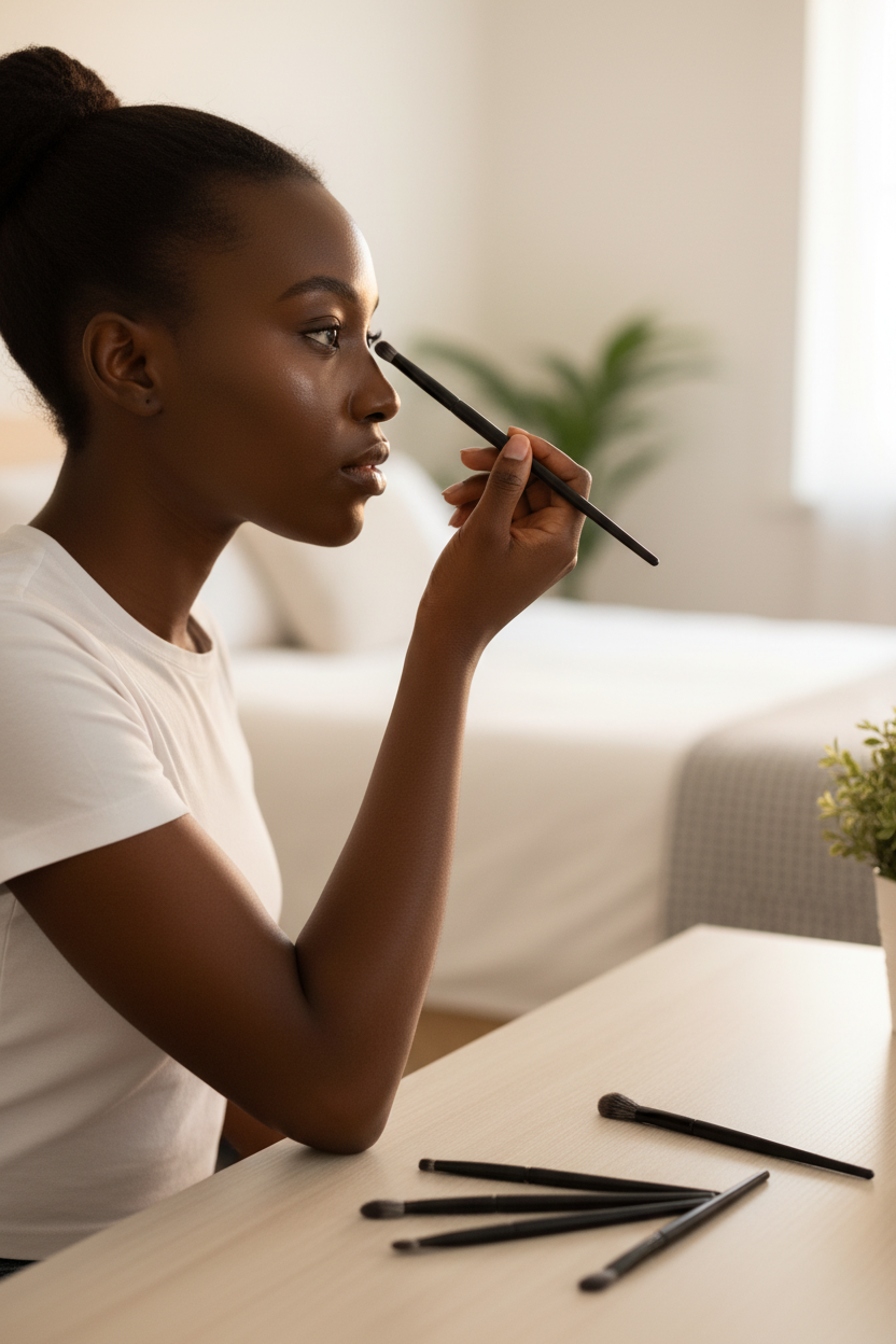 Black African Woman using black eye brushes