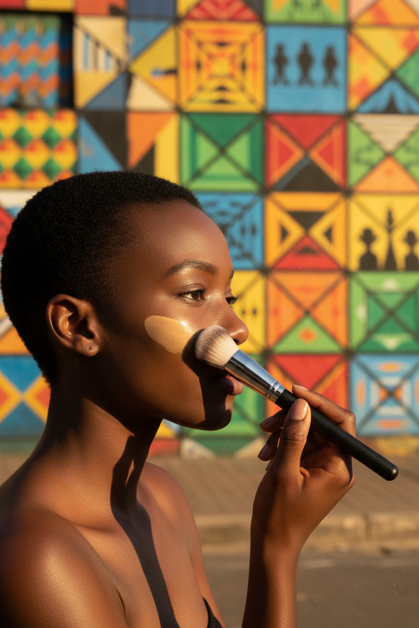 Black African Woman using foundation brush