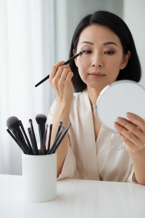 East Asian Woman using black eye brushes