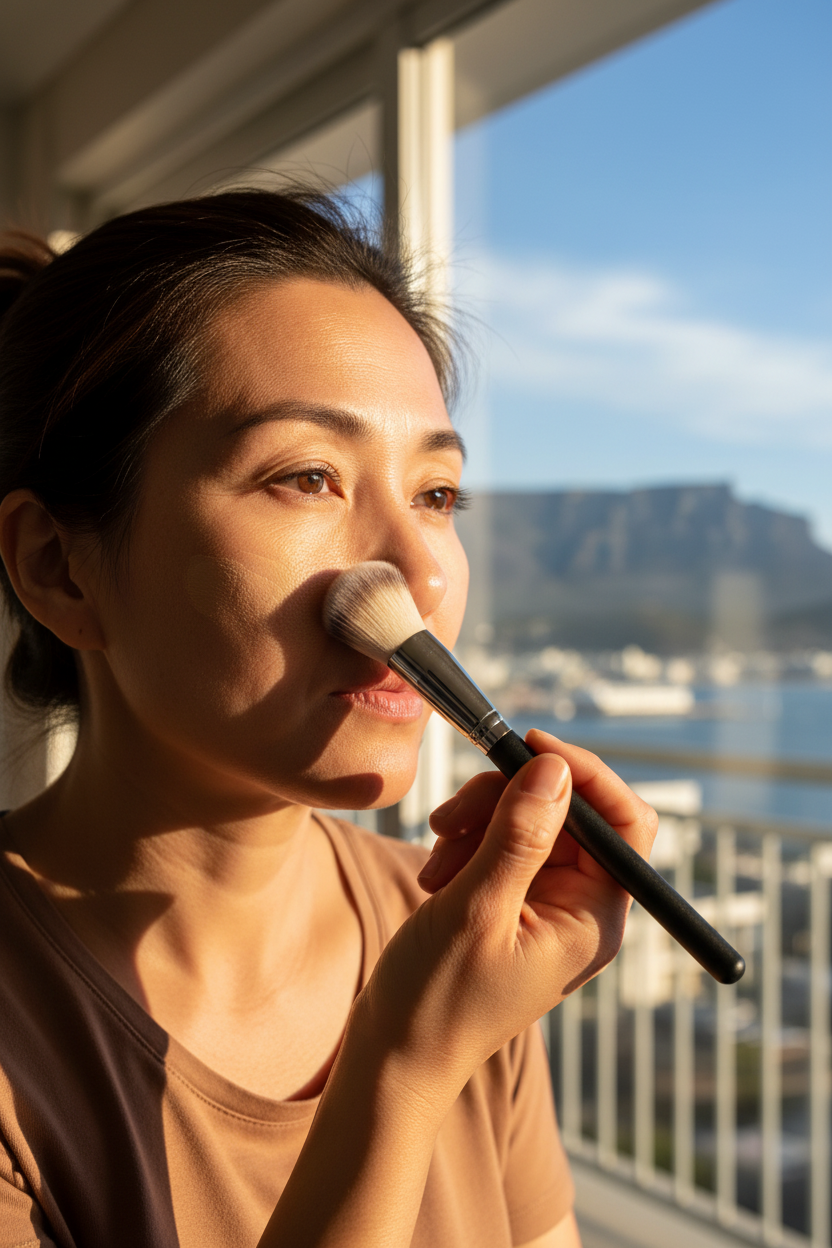 East Asian Woman using foundation brush
