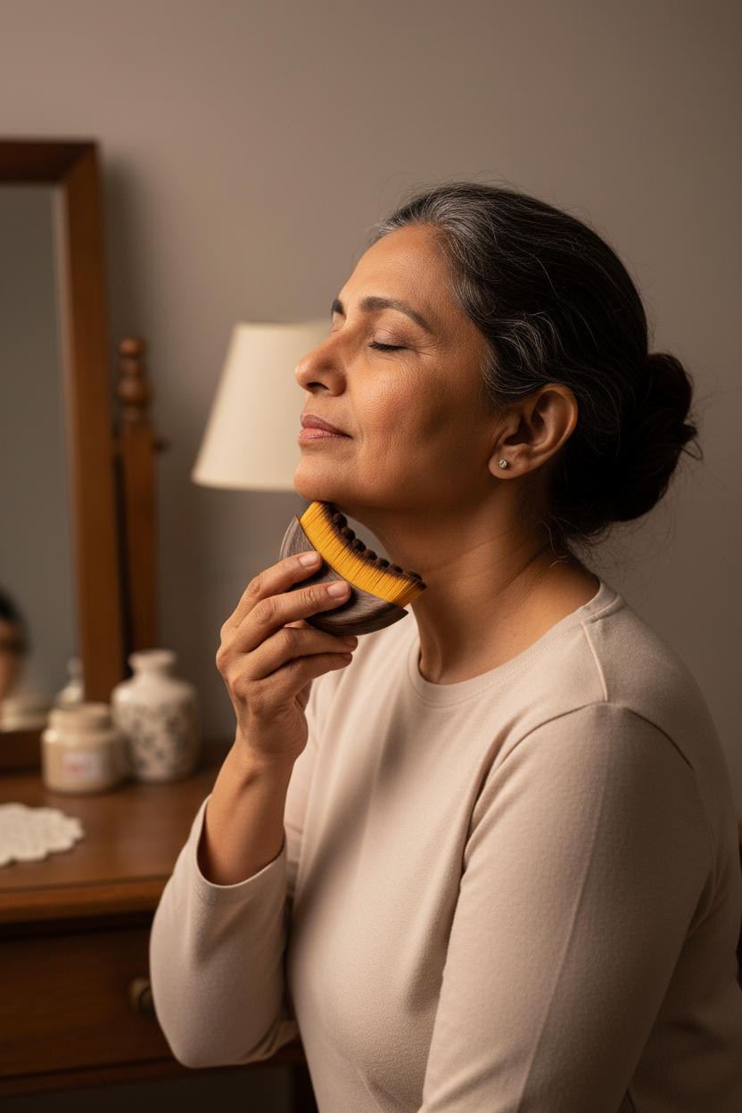 Older Indian Woman chin and neck lymphatic massage