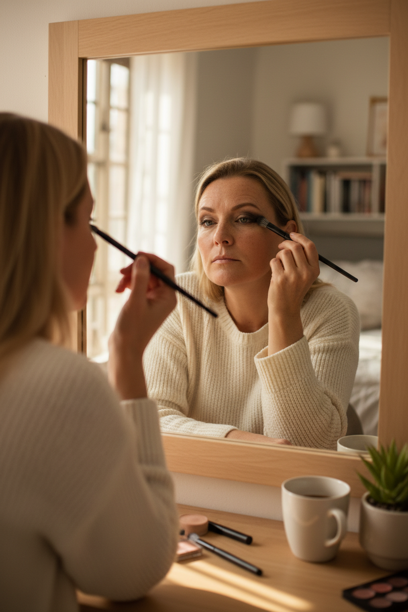 South African White Woman doing eye makeup in mirror