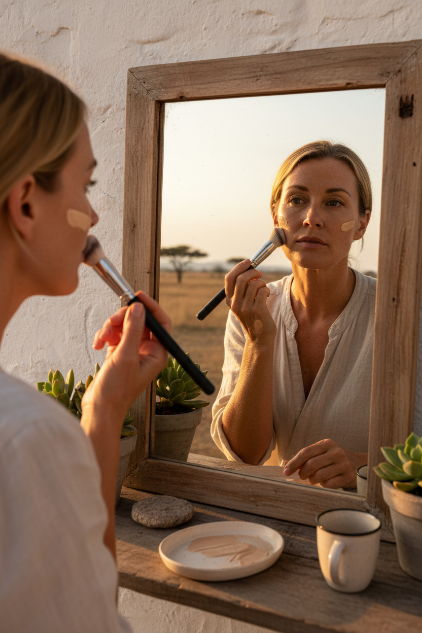 South African White Woman using foundation brush
