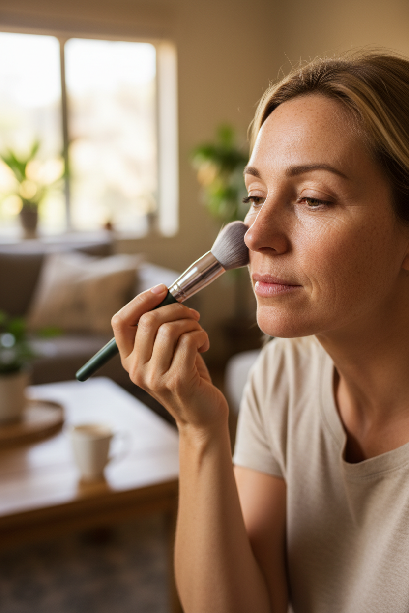 South African White Woman with green makeup brushes